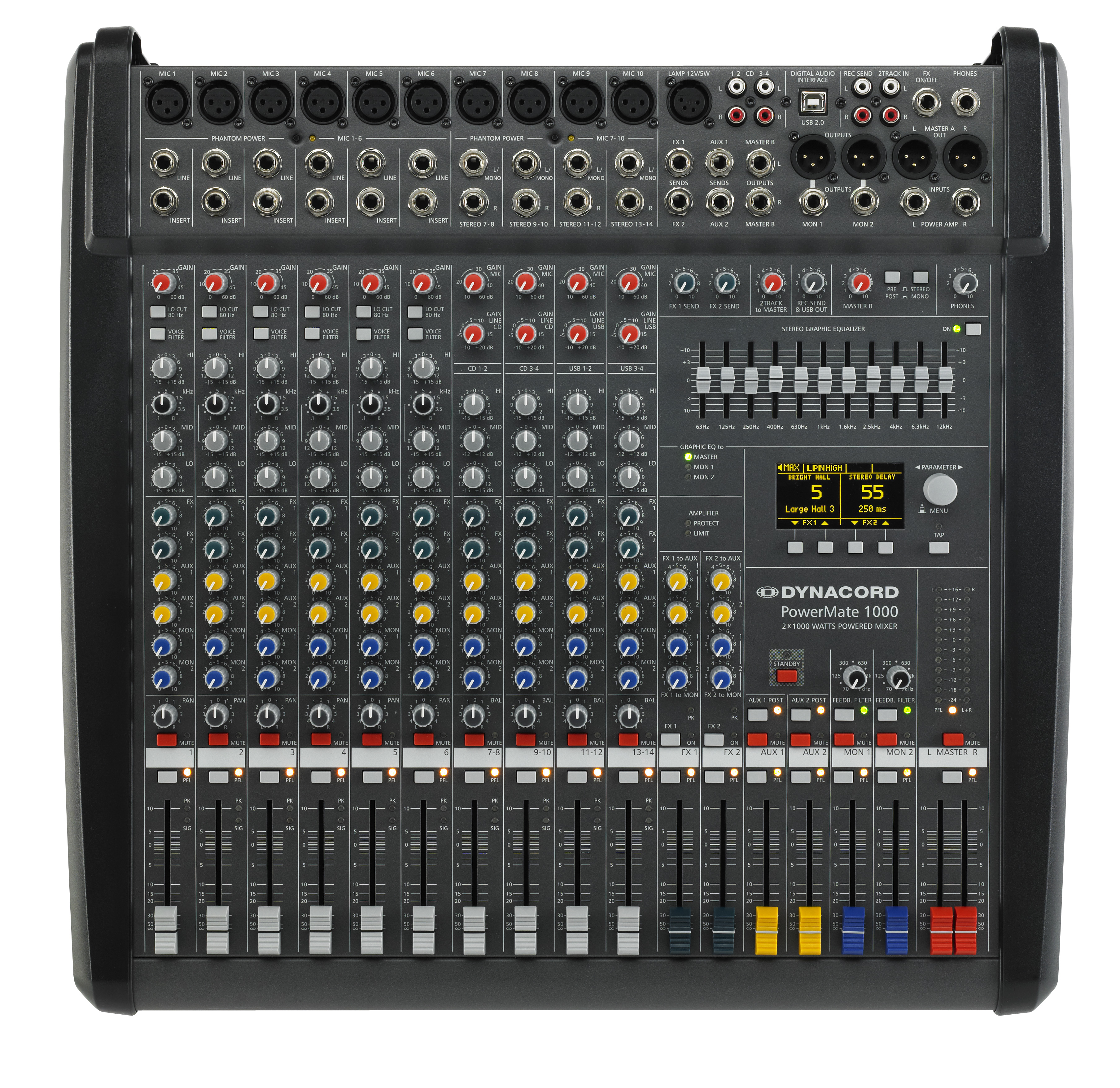 Dynacord PowerMate PM1000-3 mixer with 10 input channels,  2 High-Quality editable effects, amplifier with 2 x 1.000 Watts / 4 Ohms.