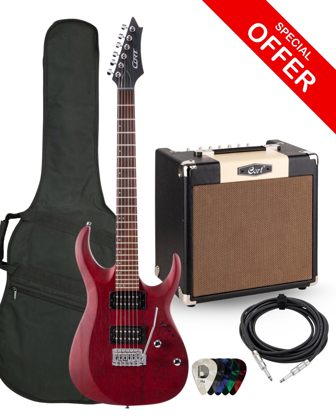 Cort X100 Bundle Kit With CM15R 15 Watts Amp, Gig-bag, Instrument Cable and Daddrio Picks - Cherry