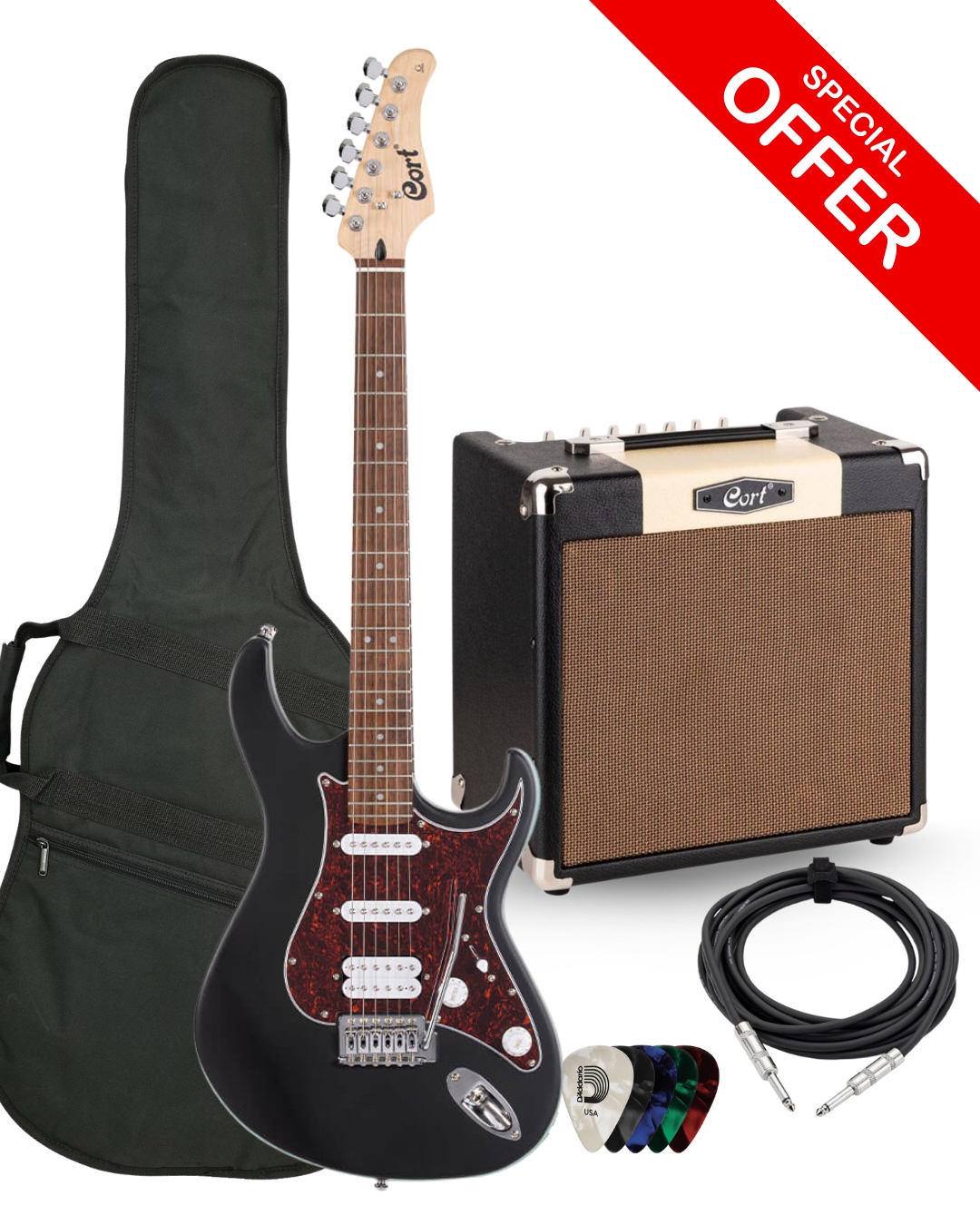 Cort G110 Bundle Kit With CM15R 15 Watts Amp, Gig-bag, Instrument Cable and Daddrio Picks - Open Pore Black