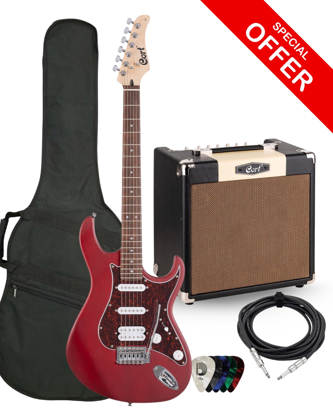Cort G110 Bundle Kit With CM15R 15 Watts Amp, Gig-bag, Instrument Cable and Daddrio Picks - Open Pore Black Cherry