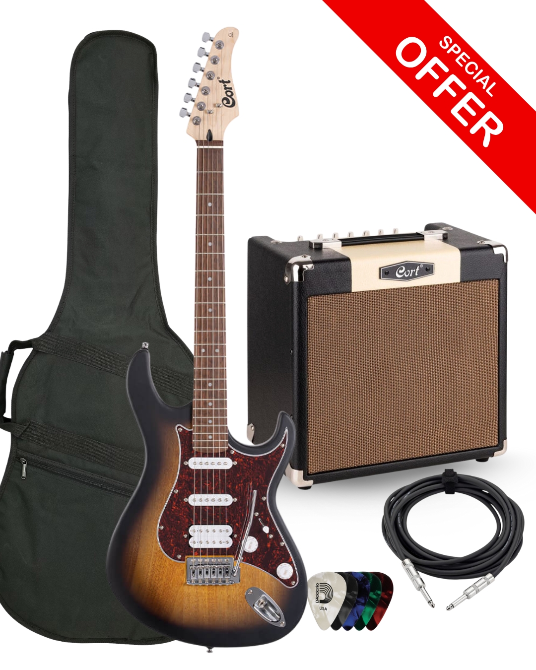 Cort G110 Bundle Kit With CM15R 15 Watts Amp, Gig-bag, Instrument Cable and Daddrio Picks - Open Pore Sunburst