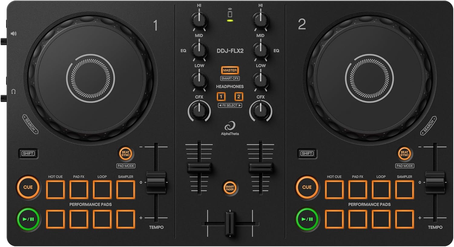 Pioneer AlphaTheta DDJ FLX2 2 Deck USB DJ Controller Smart Fader, Bluetooth & Multi App Streaming, Black