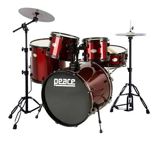 Peace Drums, 5 Piece 22 Inch Drums Kit with Bass, Toms, Snare Drum, Cymbal, Hi-Hat, Drumsticks & Seat for Beginner - Red